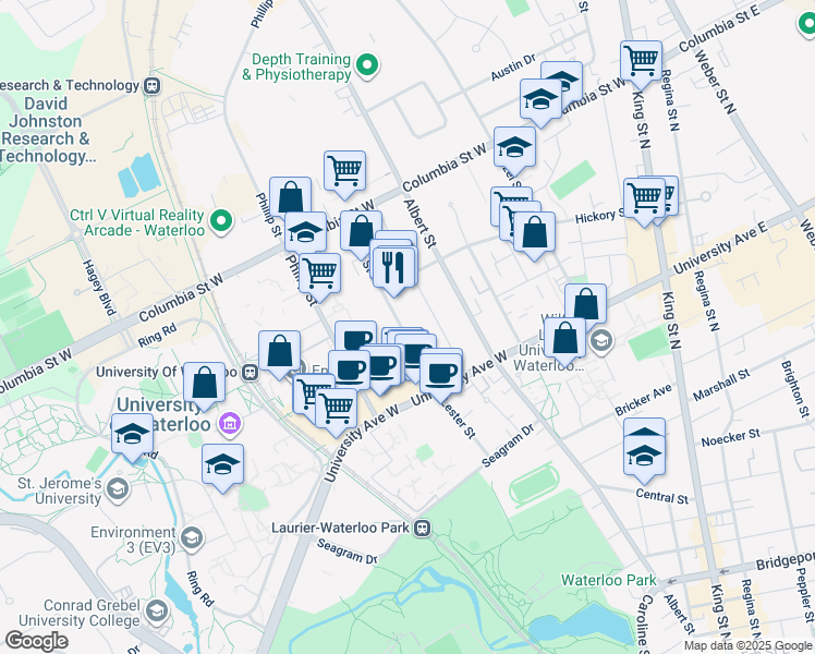 map of restaurants, bars, coffee shops, grocery stores, and more near in Waterloo