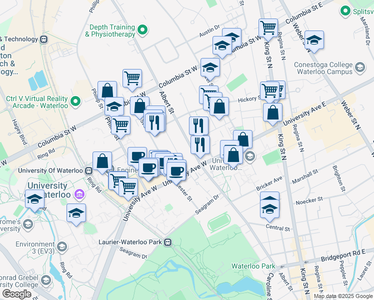 map of restaurants, bars, coffee shops, grocery stores, and more near 249 Albert Street in Waterloo