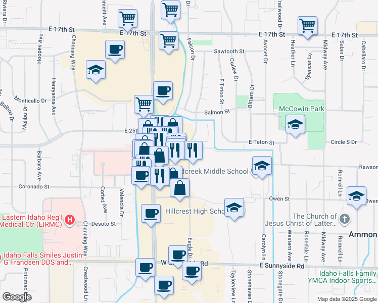 map of restaurants, bars, coffee shops, grocery stores, and more near 2503 Eagle Drive in Ammon