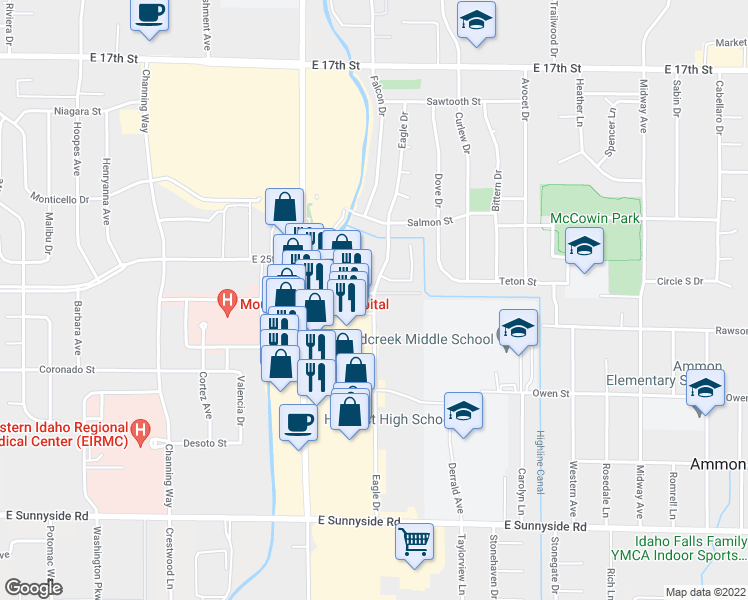 map of restaurants, bars, coffee shops, grocery stores, and more near 2491 Eagle Drive in Ammon