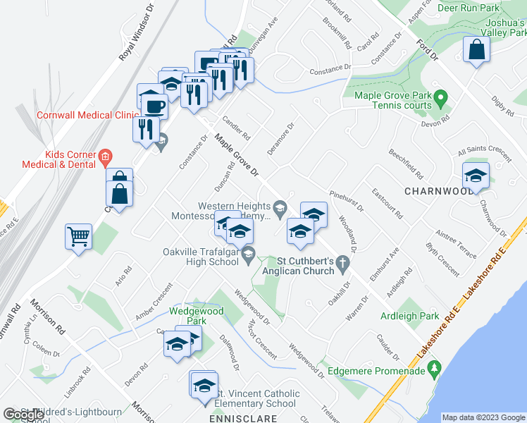 map of restaurants, bars, coffee shops, grocery stores, and more near 1522 Devon Road in Oakville