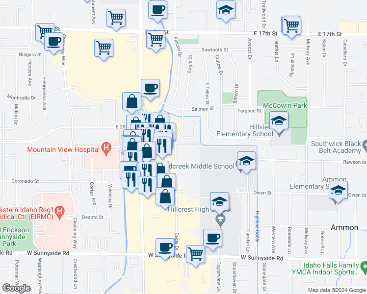 map of restaurants, bars, coffee shops, grocery stores, and more near 2507 Eagle Drive in Ammon