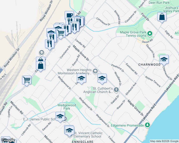 map of restaurants, bars, coffee shops, grocery stores, and more near 1522 Devon Road in Oakville