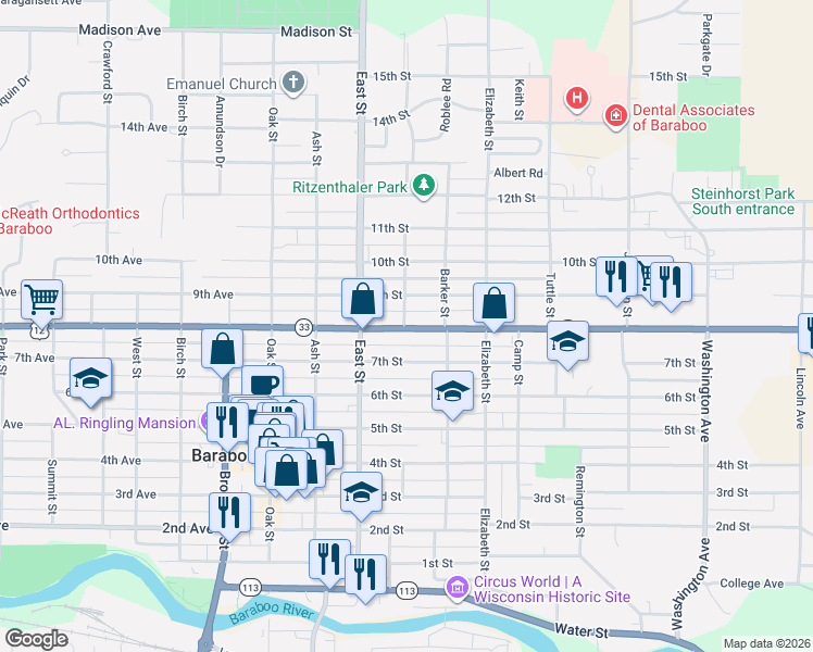 map of restaurants, bars, coffee shops, grocery stores, and more near 332 8th Street in Baraboo