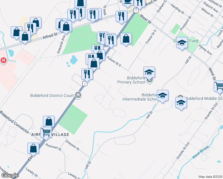 map of restaurants, bars, coffee shops, grocery stores, and more near 17 Waco Drive in Biddeford