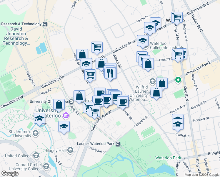 map of restaurants, bars, coffee shops, grocery stores, and more near in Waterloo