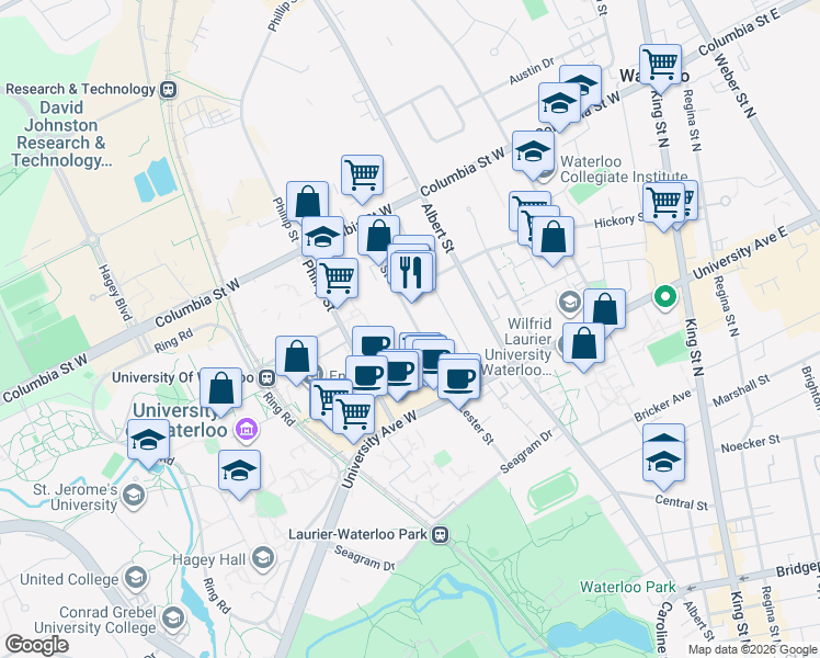 map of restaurants, bars, coffee shops, grocery stores, and more near in Waterloo