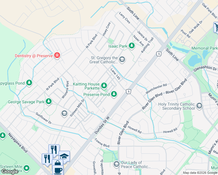 map of restaurants, bars, coffee shops, grocery stores, and more near 239 Ellen Davidson Drive in Oakville