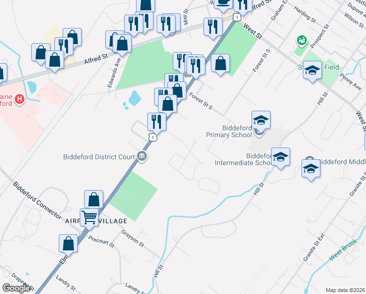 map of restaurants, bars, coffee shops, grocery stores, and more near 2 Pinewood Circle in Biddeford