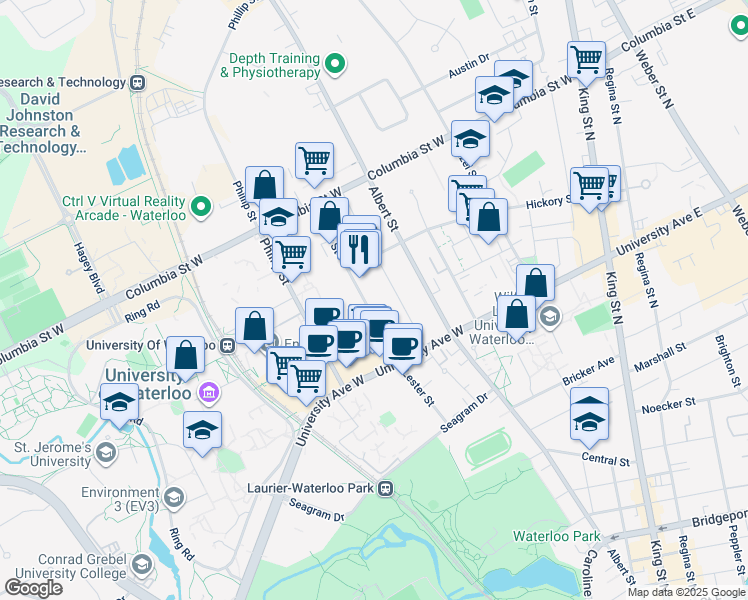 map of restaurants, bars, coffee shops, grocery stores, and more near 268 Lester Street in Waterloo