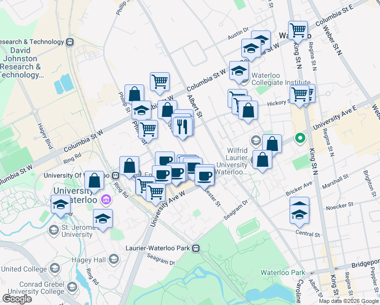 map of restaurants, bars, coffee shops, grocery stores, and more near 268 Lester Street in Waterloo