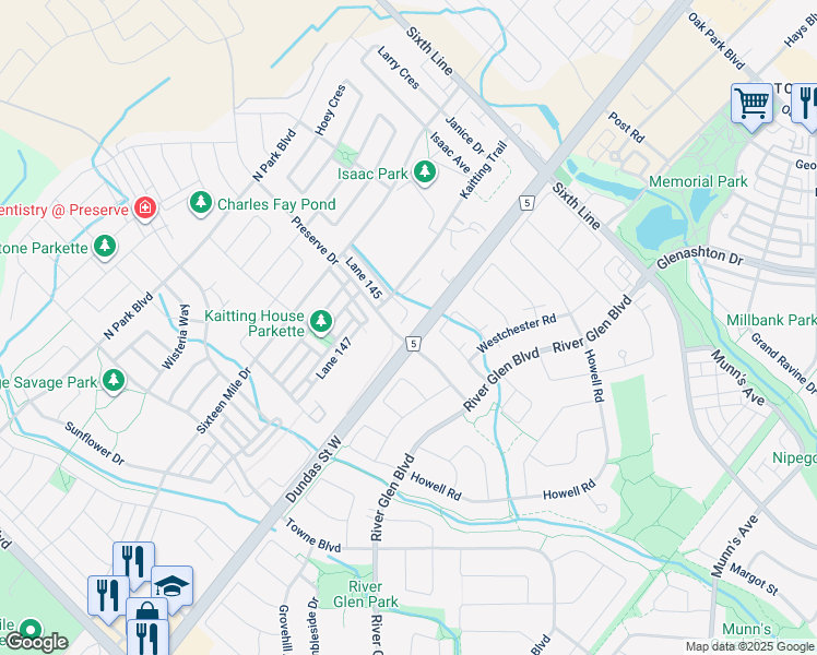 map of restaurants, bars, coffee shops, grocery stores, and more near 155 Dundas Street West in Oakville