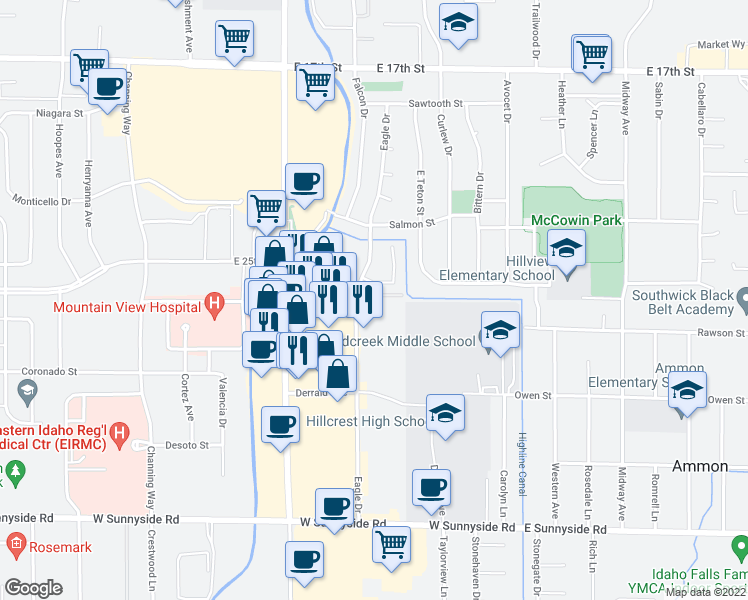 map of restaurants, bars, coffee shops, grocery stores, and more near 2509 Eagle Drive in Ammon