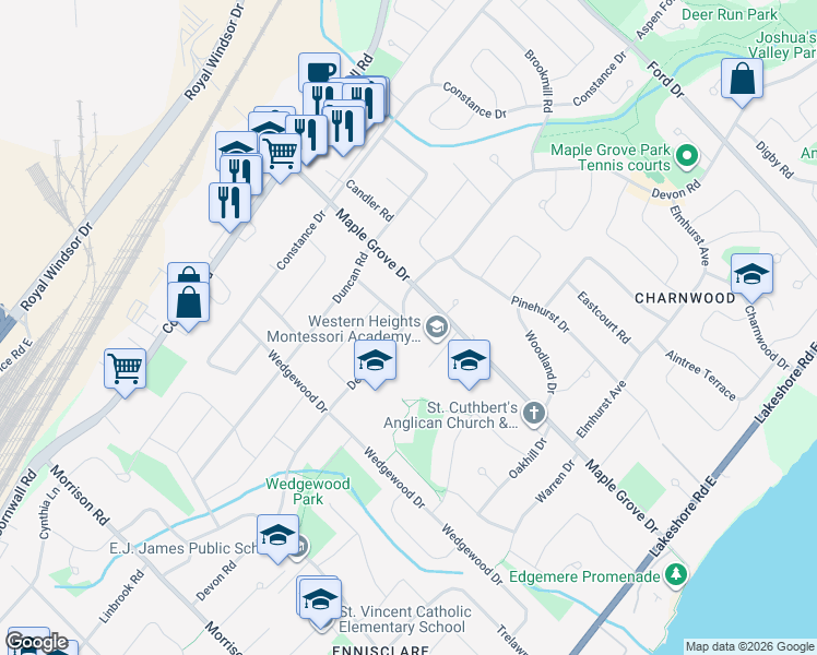 map of restaurants, bars, coffee shops, grocery stores, and more near 1522 Devon Road in Oakville