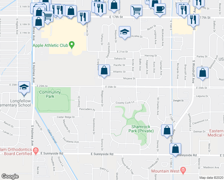 map of restaurants, bars, coffee shops, grocery stores, and more near 1068 East 25th Street in Idaho Falls