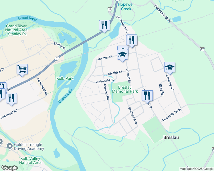 map of restaurants, bars, coffee shops, grocery stores, and more near 75 Norwich Road in Breslau