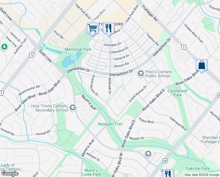 map of restaurants, bars, coffee shops, grocery stores, and more near Millbank Drive in Oakville