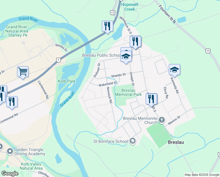 map of restaurants, bars, coffee shops, grocery stores, and more near 90 Norwich Road in Breslau