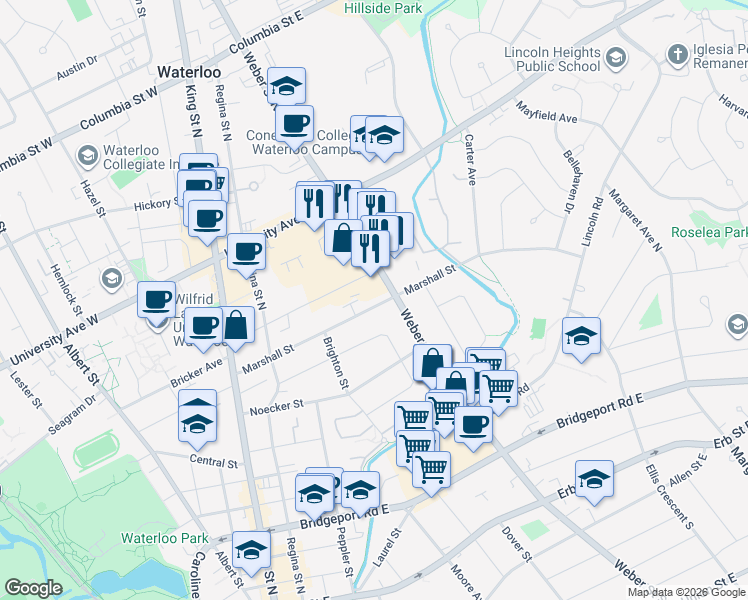 map of restaurants, bars, coffee shops, grocery stores, and more near 98 Marshall Street in Waterloo