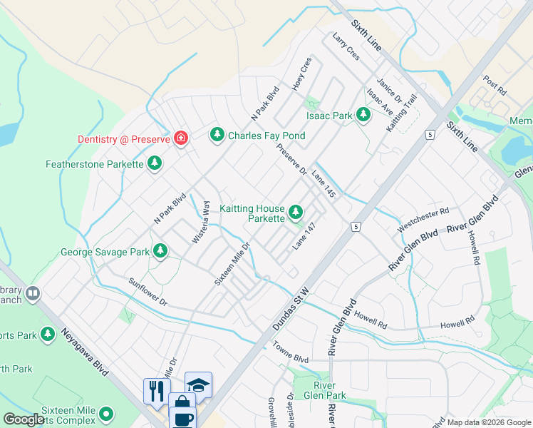 map of restaurants, bars, coffee shops, grocery stores, and more near 277 Sixteen Mile Drive in Oakville