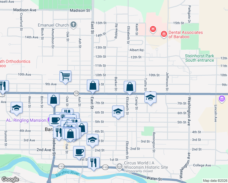 map of restaurants, bars, coffee shops, grocery stores, and more near 424 8th Street in Baraboo