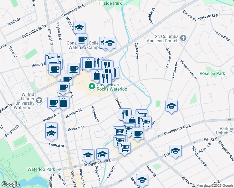 map of restaurants, bars, coffee shops, grocery stores, and more near 113 Marshall Street in Waterloo