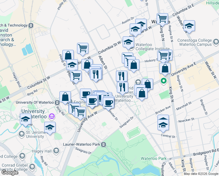 map of restaurants, bars, coffee shops, grocery stores, and more near in Waterloo