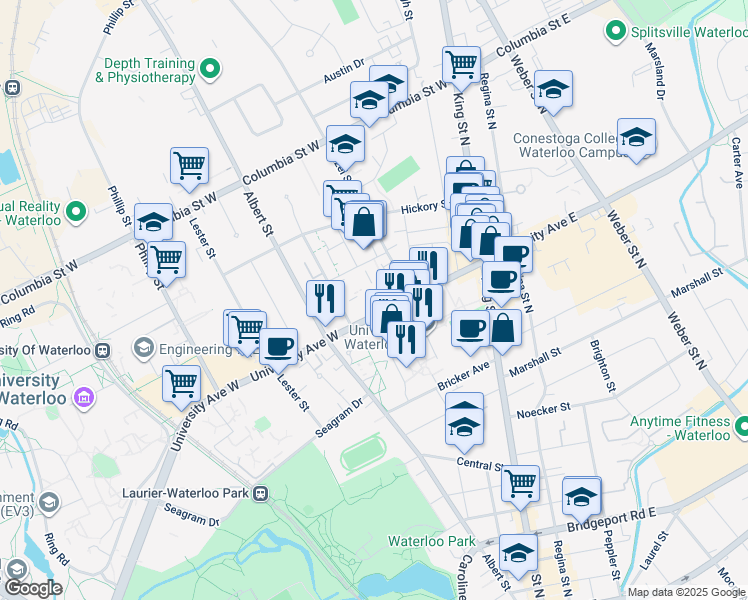 map of restaurants, bars, coffee shops, grocery stores, and more near 75 University Avenue West in Waterloo