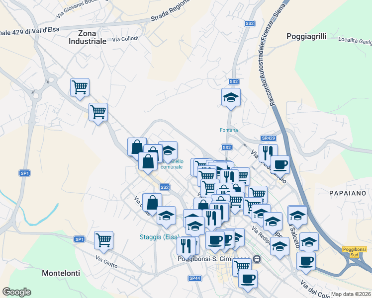 map of restaurants, bars, coffee shops, grocery stores, and more near Via Luigi Galvani in Poggibonsi