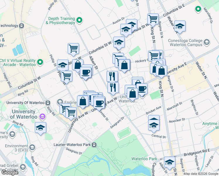 map of restaurants, bars, coffee shops, grocery stores, and more near 246 Albert Street in Waterloo