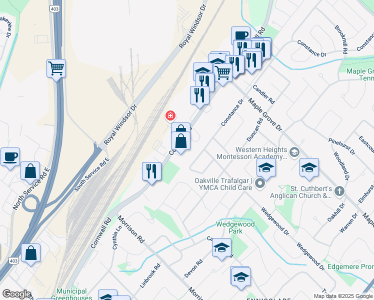 map of restaurants, bars, coffee shops, grocery stores, and more near 1400 Cornwall Road in Oakville