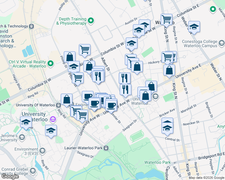 map of restaurants, bars, coffee shops, grocery stores, and more near 258C Sunview Street in Waterloo