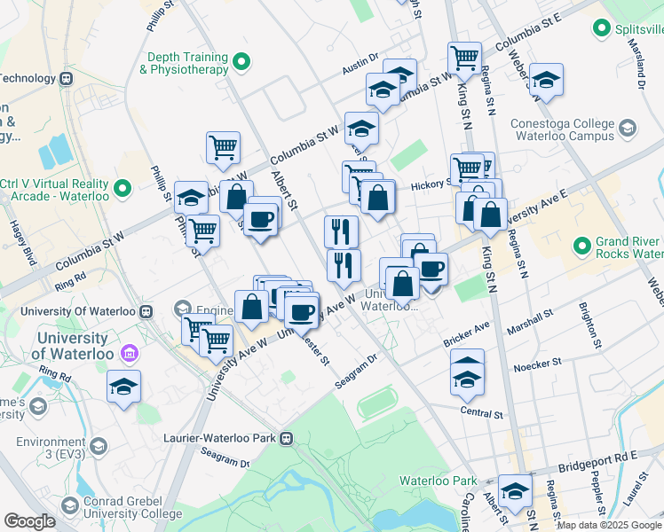 map of restaurants, bars, coffee shops, grocery stores, and more near 246 Albert Street in Waterloo