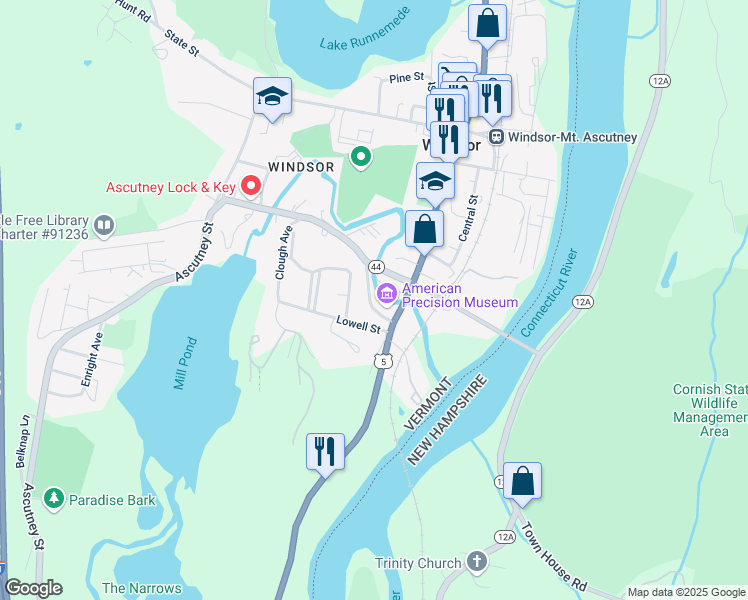 map of restaurants, bars, coffee shops, grocery stores, and more near 7 Maple Street in Windsor