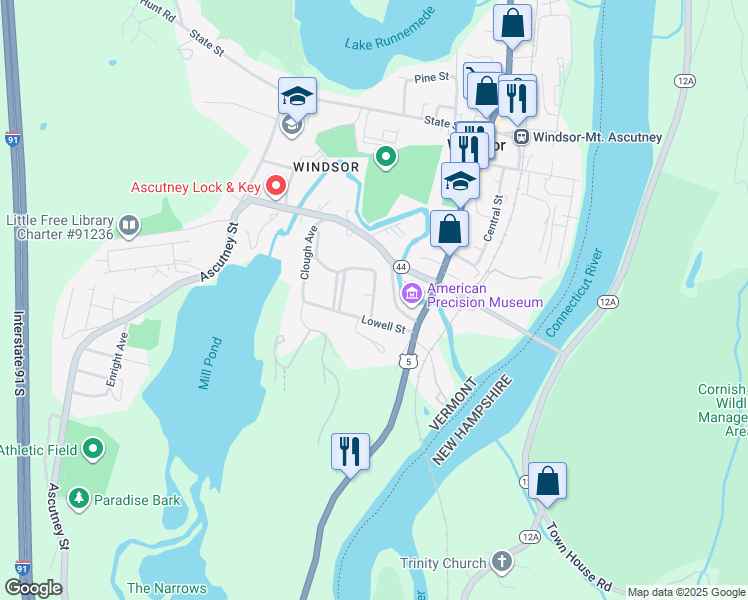 map of restaurants, bars, coffee shops, grocery stores, and more near 1 Front Street in Windsor
