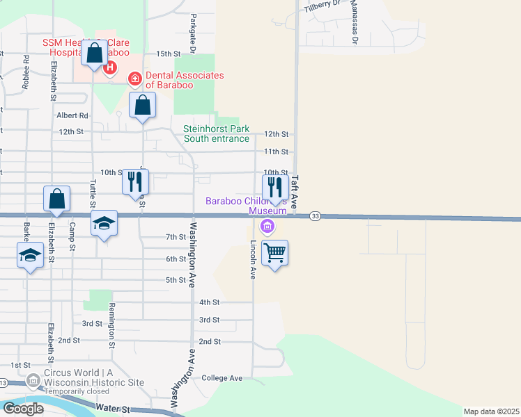 map of restaurants, bars, coffee shops, grocery stores, and more near 1203/1209 8th Street in Baraboo