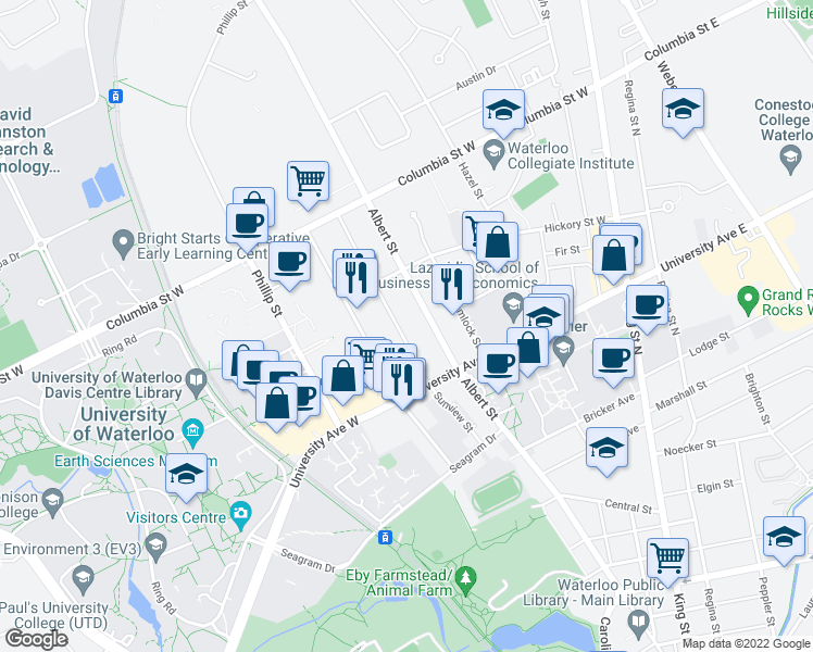 map of restaurants, bars, coffee shops, grocery stores, and more near 266 Sunview Street in Waterloo