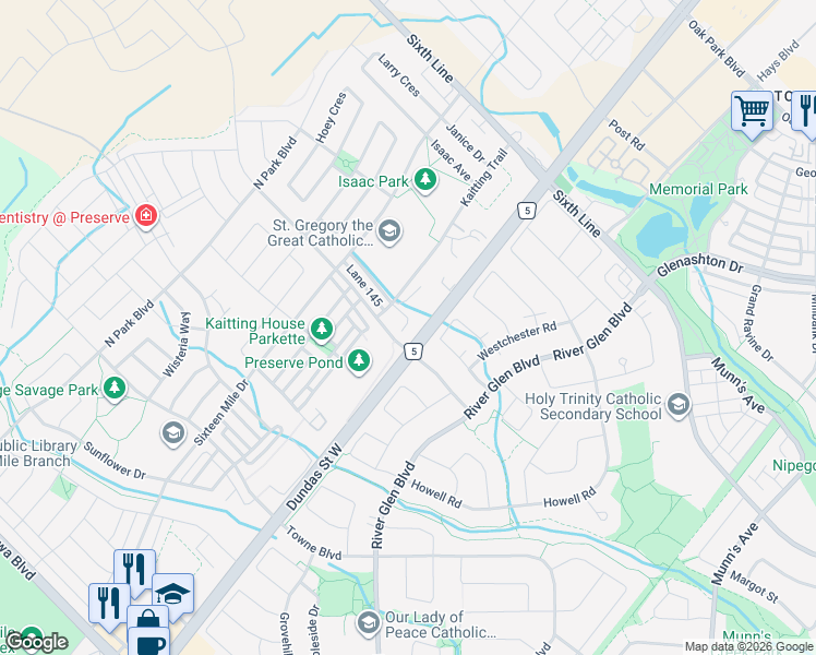 map of restaurants, bars, coffee shops, grocery stores, and more near in Oakville