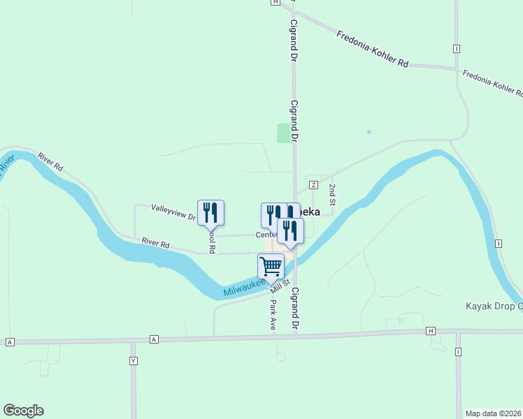 map of restaurants, bars, coffee shops, grocery stores, and more near W4150 Center Street in Waubeka