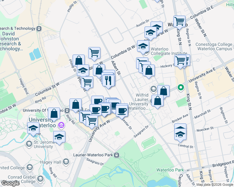 map of restaurants, bars, coffee shops, grocery stores, and more near in Waterloo