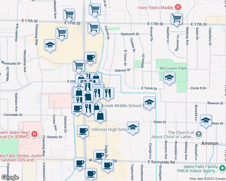 map of restaurants, bars, coffee shops, grocery stores, and more near 2537 Eagle Drive in Ammon