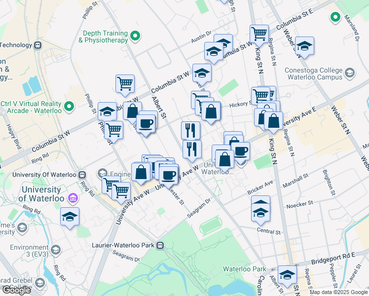 map of restaurants, bars, coffee shops, grocery stores, and more near 250 Albert Street in Waterloo