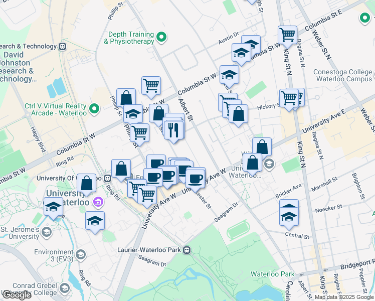 map of restaurants, bars, coffee shops, grocery stores, and more near 269 Sunview Street in Waterloo