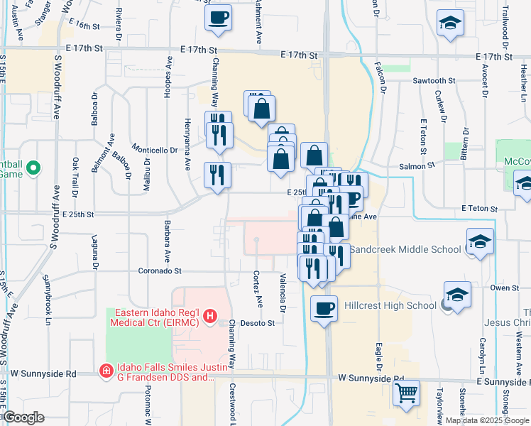 map of restaurants, bars, coffee shops, grocery stores, and more near 2280 East 25th Street in Idaho Falls