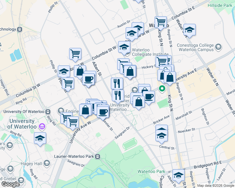 map of restaurants, bars, coffee shops, grocery stores, and more near 251 Hemlock Street in Waterloo