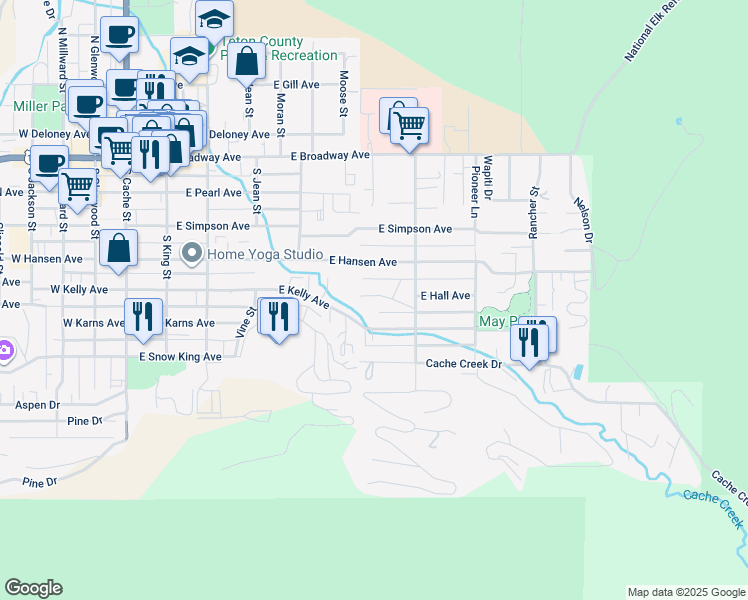 map of restaurants, bars, coffee shops, grocery stores, and more near 523 East Hall Avenue in Jackson
