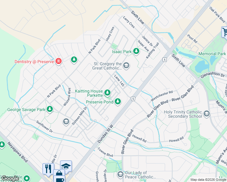 map of restaurants, bars, coffee shops, grocery stores, and more near 226 Betsy Drive in Oakville