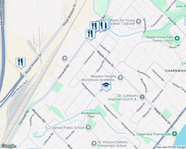 map of restaurants, bars, coffee shops, grocery stores, and more near 1459 Duncan Road in Oakville