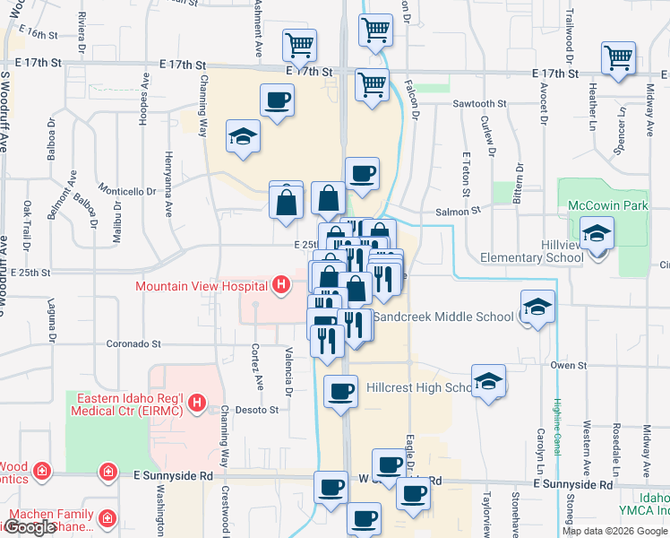 map of restaurants, bars, coffee shops, grocery stores, and more near 2640 South 25th East in Idaho Falls