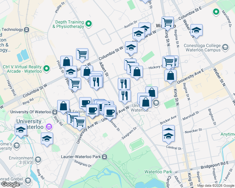 map of restaurants, bars, coffee shops, grocery stores, and more near 253 Albert Street in Waterloo